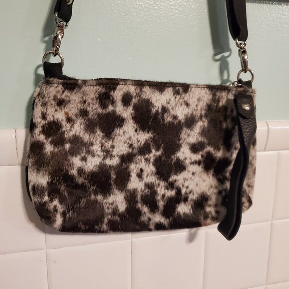 Lynn Tallerico White Brown Cow Hide Fur Crossbody Bag Purse with Wallet - Picture 5 of 12
